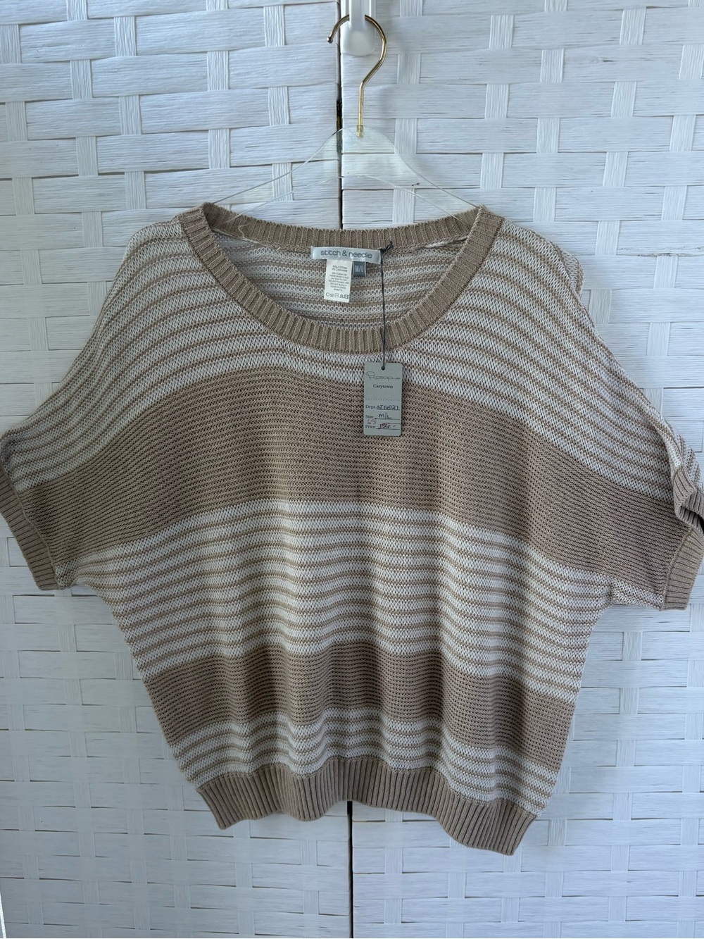 Stitch & Needle M/L Beige & Cream Striped Short-Sleeve Cotton Cash Knit Sweater